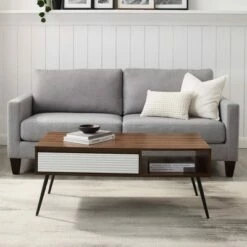 Mid-Century Modern Fluted Drawer Coffee Table - Saracina Home Solid White/dark Walnut