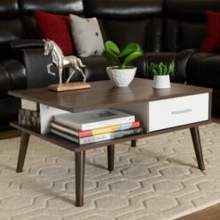 Merlin Two-Tone 2 Drawer Coffee Table White/Walnut - Baxton Studio -Coffee Tables Elegant store unnamed file 1320