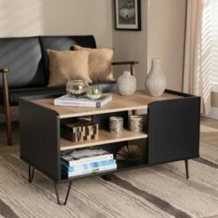 Lilith Two-Tone Wood and Metal 3 Tier Coffee Table Black/Oak Brown - Baxton Studio -Coffee Tables Elegant store unnamed file 1458