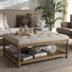 Carlotta French Country Weathered Oak Linen Rectangular Coffee Table Ottoman Beige - Baxton Studio -Coffee Tables Elegant store unnamed file 158