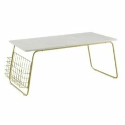 Marge Modern Coffee Table with Magazine Rack White Faux Marble/Gold - Saracina Home