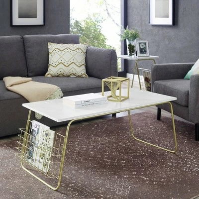 Marge Modern Coffee Table with Magazine Rack White Faux Marble/Gold - Saracina Home 4 Marge Modern Coffee Table with Magazine Rack White Faux Marble/Gold - Saracina Home - Image 2