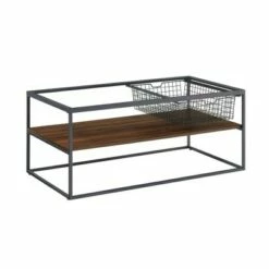 Gertie Contemporary Glass Coffee Table with Mesh Metal Drawer - Saracina Home Dark Walnut
