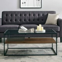 Gertie Contemporary Glass Coffee Table with Mesh Metal Drawer - Saracina Home Dark Walnut -Coffee Tables Elegant store unnamed file 2044