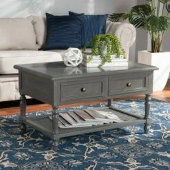 Sheldon Vintage Wood 2 Drawer Coffee Table Gray - Baxton Studio -Coffee Tables Elegant store unnamed file 2446