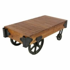 Wood and Metal Cart Coffee Table Natural - Olivia & May -Coffee Tables Elegant store unnamed file 2808