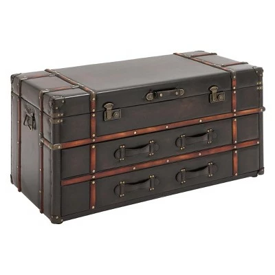 Wood and Leather Trunk Coffee Table Brown - Olivia & May 3 Wood and Leather Trunk Coffee Table Brown - Olivia & May