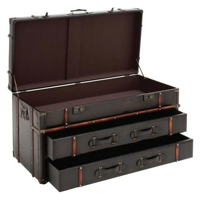 Wood and Leather Trunk Coffee Table Brown - Olivia & May 4 Wood and Leather Trunk Coffee Table Brown - Olivia & May - Image 2