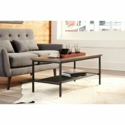 Industrial Modern Wood Top/Metal Frame Coffee Table with Metal Shelf Black/Walnut - OFM -Coffee Tables Elegant store unnamed file 2955