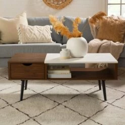 Tapered Leg Mid-Century Modern Storage Coffee Table - Saracina Home Glass/pecan