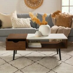 Tapered Leg Mid-Century Modern Storage Coffee Table - Saracina Home Glass/pecan -Coffee Tables Elegant store unnamed file 303