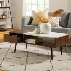Tapered Leg Mid-Century Modern Storage Coffee Table - Saracina Home Glass/pecan -Coffee Tables Elegant store unnamed file 306