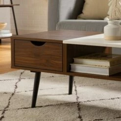 Tapered Leg Mid-Century Modern Storage Coffee Table - Saracina Home Glass/pecan -Coffee Tables Elegant store unnamed file 308