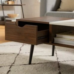 Tapered Leg Mid-Century Modern Storage Coffee Table - Saracina Home Glass/pecan -Coffee Tables Elegant store unnamed file 309