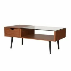 Tapered Leg Mid-Century Modern Storage Coffee Table - Saracina Home Glass/pecan -Coffee Tables Elegant store unnamed file 313
