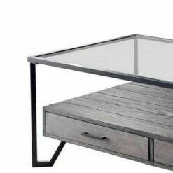 48" Metal Coffee Table with Glass Top and 2 Drawers Gray - Benzara