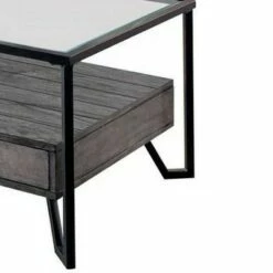 48" Metal Coffee Table with Glass Top and 2 Drawers Gray - Benzara -Coffee Tables Elegant store unnamed file 3185