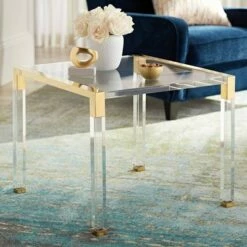 55 Downing Street Modern Cast Acrylic Accent Side End Table 23 1/2" x 24" Clear Gold Spaces Living Room Bedroom Bedside Entryway