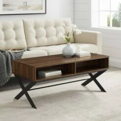 Nia Rustic Modern X Leg Storage Coffee Table - Saracina Home Dark Walnut -Coffee Tables Elegant store unnamed file 337