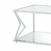 Coffee Table with Glass Top and Bottom Shelf and Geometric Accent Silver - Benzara