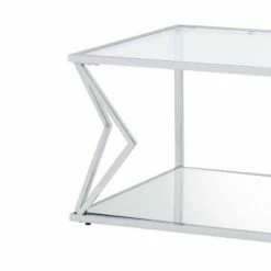 Coffee Table with Glass Top and Bottom Shelf and Geometric Accent Silver - Benzara