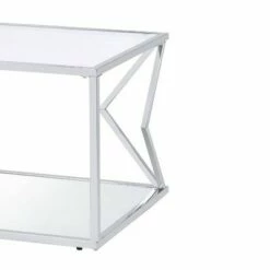 Coffee Table with Glass Top and Bottom Shelf and Geometric Accent Silver - Benzara -Coffee Tables Elegant store unnamed file 3418