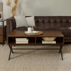 Nia Rustic Modern X Leg Storage Coffee Table - Saracina Home Dark Walnut -Coffee Tables Elegant store unnamed file 342