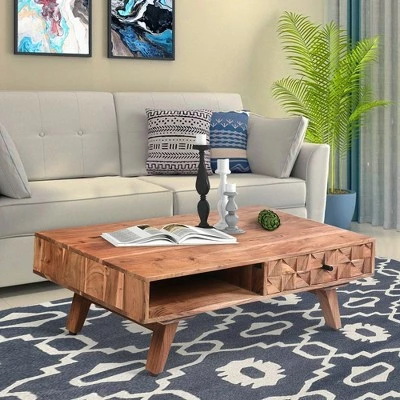 27" Farmhouse Textured Front 2 Drawers Rectangle Coffee Table Brown - The Urban Port 7 27" Farmhouse Textured Front 2 Drawers Rectangle Coffee Table Brown - The Urban Port - Image 5