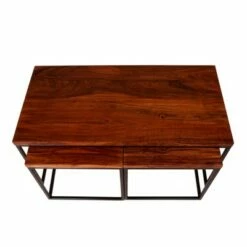 3pc Solid Wood Coffee Table Set with Grain Details and Metal Frame Brown - The Urban Port