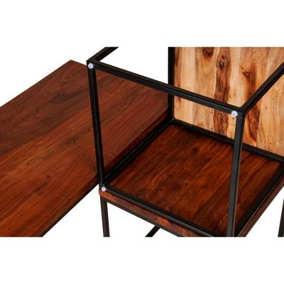 3pc Solid Wood Coffee Table Set with Grain Details and Metal Frame Brown - The Urban Port 4 3pc Solid Wood Coffee Table Set with Grain Details and Metal Frame Brown - The Urban Port - Image 2