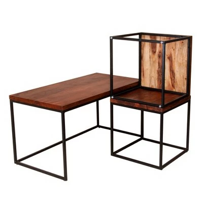 3pc Solid Wood Coffee Table Set with Grain Details and Metal Frame Brown - The Urban Port 5 3pc Solid Wood Coffee Table Set with Grain Details and Metal Frame Brown - The Urban Port - Image 3