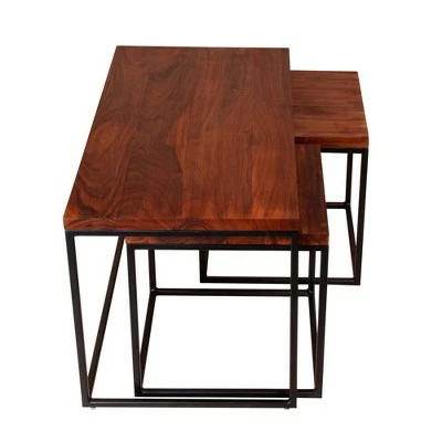 3pc Solid Wood Coffee Table Set with Grain Details and Metal Frame Brown - The Urban Port 6 3pc Solid Wood Coffee Table Set with Grain Details and Metal Frame Brown - The Urban Port - Image 4