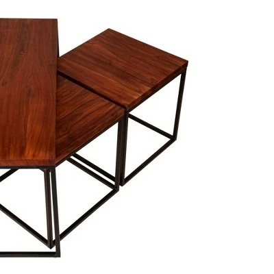 3pc Solid Wood Coffee Table Set with Grain Details and Metal Frame Brown - The Urban Port 7 3pc Solid Wood Coffee Table Set with Grain Details and Metal Frame Brown - The Urban Port - Image 5