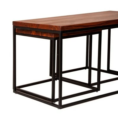 3pc Solid Wood Coffee Table Set with Grain Details and Metal Frame Brown - The Urban Port 8 3pc Solid Wood Coffee Table Set with Grain Details and Metal Frame Brown - The Urban Port - Image 6