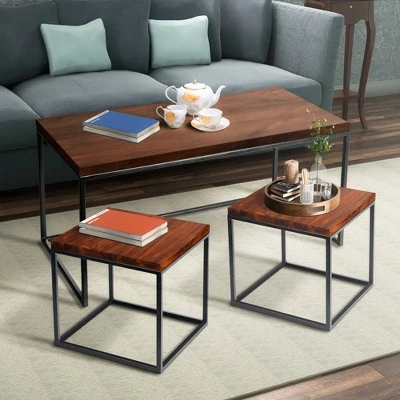 3pc Solid Wood Coffee Table Set with Grain Details and Metal Frame Brown - The Urban Port 12 3pc Solid Wood Coffee Table Set with Grain Details and Metal Frame Brown - The Urban Port - Image 10