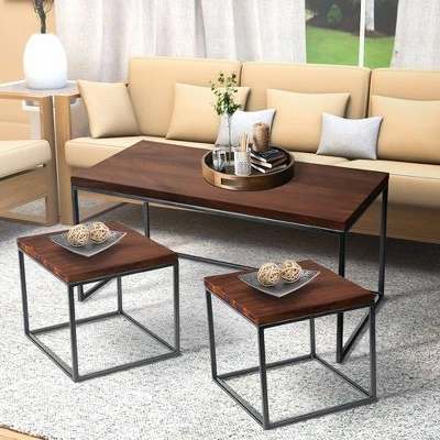 3pc Solid Wood Coffee Table Set with Grain Details and Metal Frame Brown - The Urban Port 13 3pc Solid Wood Coffee Table Set with Grain Details and Metal Frame Brown - The Urban Port - Image 11