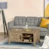 HOMCOM Farmhouse Coffee Table with Enclosed Storage Cabinet Adjustable Open Shelves and Elevated Base Oak -Coffee Tables Elegant store unnamed file 3754