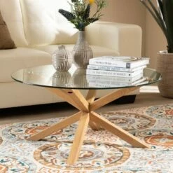 Lida Glass and Wood Finished Coffee Table Clear/Natural - Baxton Studio -Coffee Tables Elegant store unnamed file 3887
