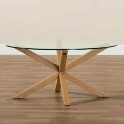 Lida Glass and Wood Finished Coffee Table Clear/Natural - Baxton Studio -Coffee Tables Elegant store unnamed file 3888