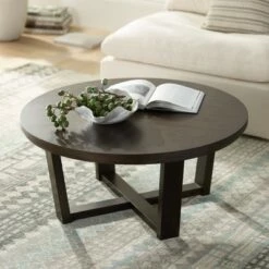 Elm Lane Farmhouse Modern Wood Round Coffee Table 40" Wide Dark Brown Crossed for Spaces Living Room Home House Home House Office