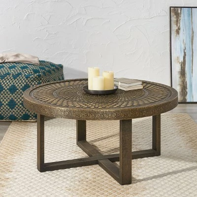 Cohutta Boho Handcrafted Embossed Coffee Table Gold - Christopher Knight Home 3 Cohutta Boho Handcrafted Embossed Coffee Table Gold - Christopher Knight Home