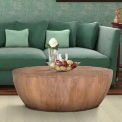 Drum Shape Wooden Coffee Table with Plank Design Base Brown - The Urban Port -Coffee Tables Elegant store unnamed file 3952
