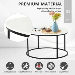 HOMCOM Wood Round Coffee Sofa Table Side with a Modern Design Black Metal Frame and Easy Maintenance White -Coffee Tables Elegant store unnamed file 4044