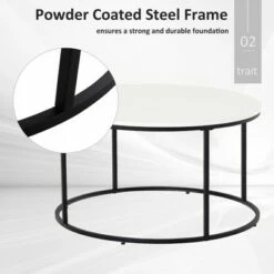 HOMCOM Wood Round Coffee Sofa Table Side with a Modern Design Black Metal Frame and Easy Maintenance White -Coffee Tables Elegant store unnamed file 4046