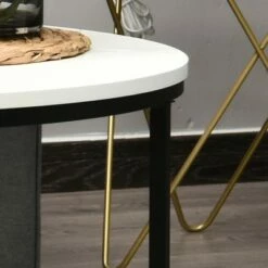 HOMCOM Wood Round Coffee Sofa Table Side with a Modern Design Black Metal Frame and Easy Maintenance White -Coffee Tables Elegant store unnamed file 4047