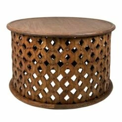 Set of 2 Farmhouse Round Coffee Tables with Mango Wood Frame and Cut Out Design Brown - The Urban Port