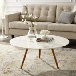 36" Lippa Round Artificial Marble Coffee Table with Tripod Base Walnut/White - Modway -Coffee Tables Elegant store unnamed file 4139