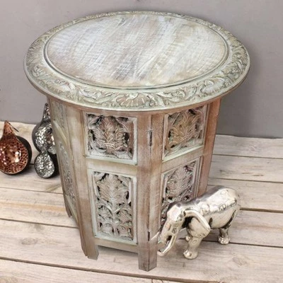 Wooden Hand Carved Folding Accent Coffee Table White - The Urban Port 6 Wooden Hand Carved Folding Accent Coffee Table White - The Urban Port - Image 4