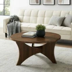 Carraway Mid-Century Modern Round Coffee Table - Saracina Home Dark Walnut
