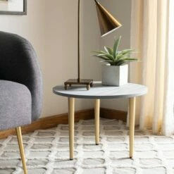 Tezza Round Concrete Coffee Table Gray/Brass - Safavieh